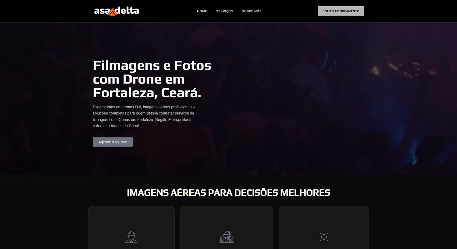 Prévia real da página inicial da Asa Delta Filmagens Aéreas em desktop