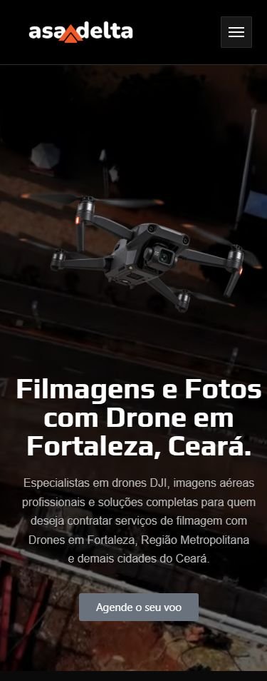 Prévia real da página inicial da Asa Delta Filmagens Aéreas em mobile