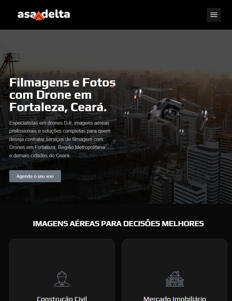 Prévia real da página inicial da Asa Delta Filmagens Aéreas em tablet