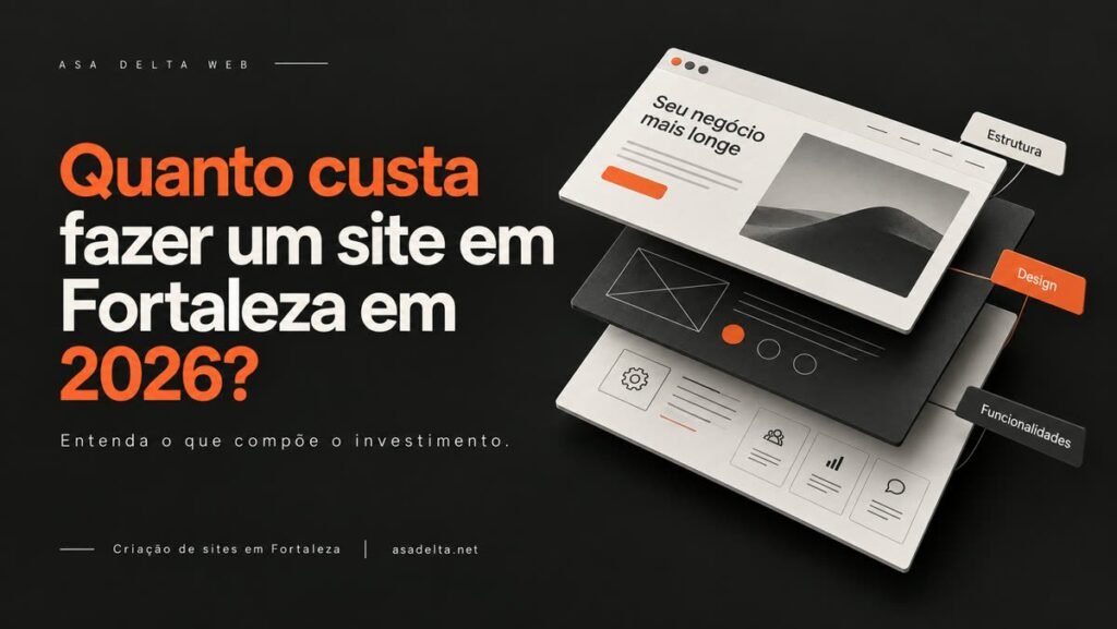 Ilustração de camadas de um site em construção — estrutura, design e funcionalidades — sobre fundo escuro, ilustrando o artigo sobre preço de sites em Fortaleza