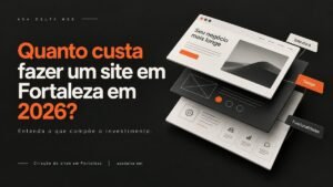 Ilustração de camadas de um site em construção — estrutura, design e funcionalidades — sobre fundo escuro, ilustrando o artigo sobre preço de sites em Fortaleza